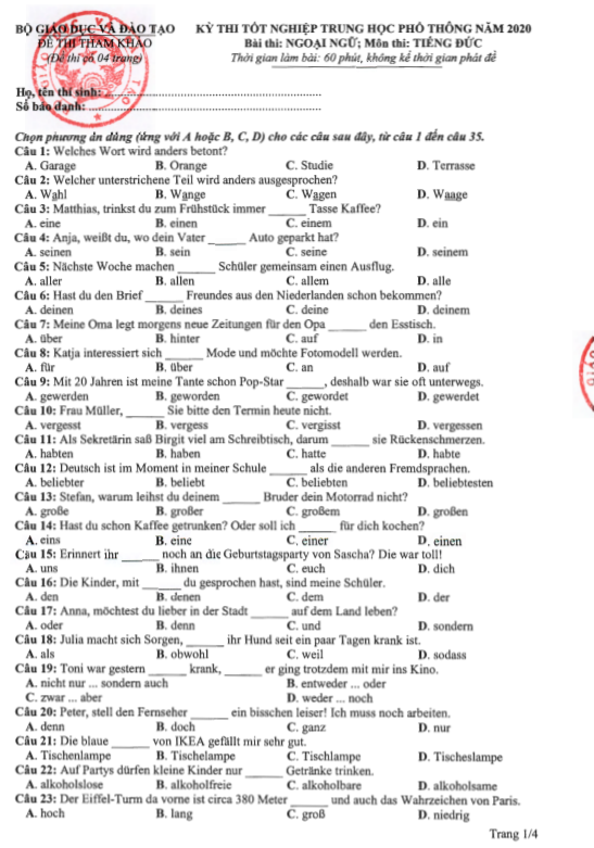 Đề thi & Đáp án môn Tiếng Đức THPT quốc gia 2020 - Ảnh 2