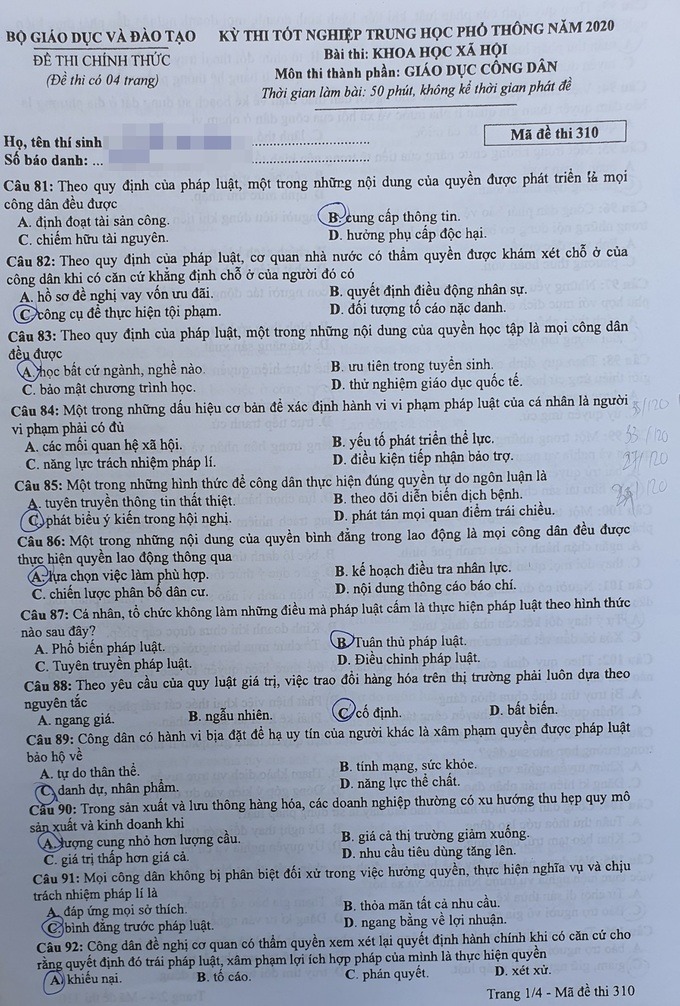 Đề thi môn GDCD mã đề 310 Đề thi môn GDCD mã đề 310