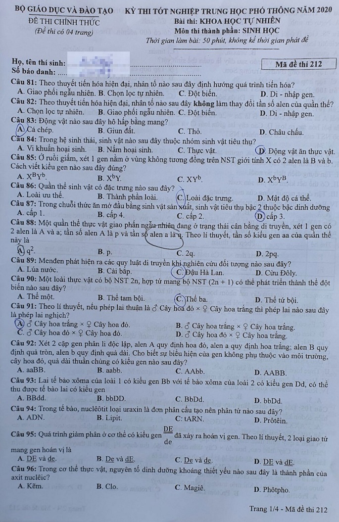 Đề thi & Đáp án môn Sinh Học THPT quốc gia 2020 - Ảnh 6