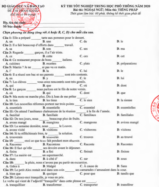 Đề thi & Đáp án môn Tiếng Pháp THPT quốc gia 2020 - Ảnh 2
