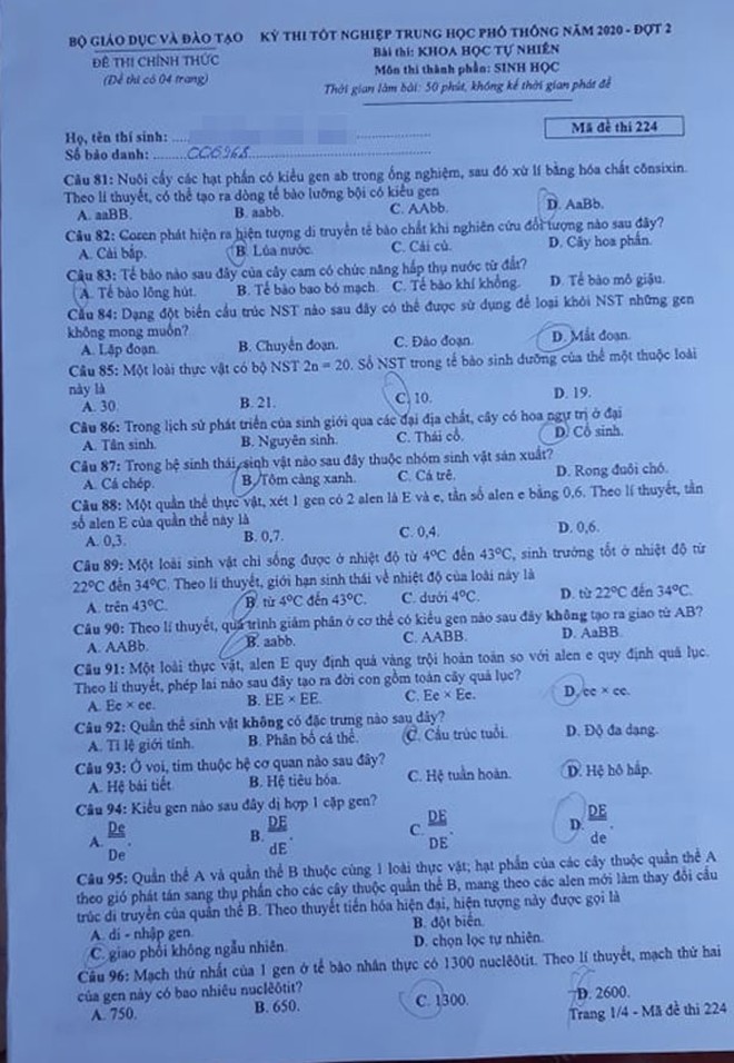 Đề thi và Đáp án môn Sinh Học thi tốt nghiệp đợt 2 năm 2020 - Ảnh 5