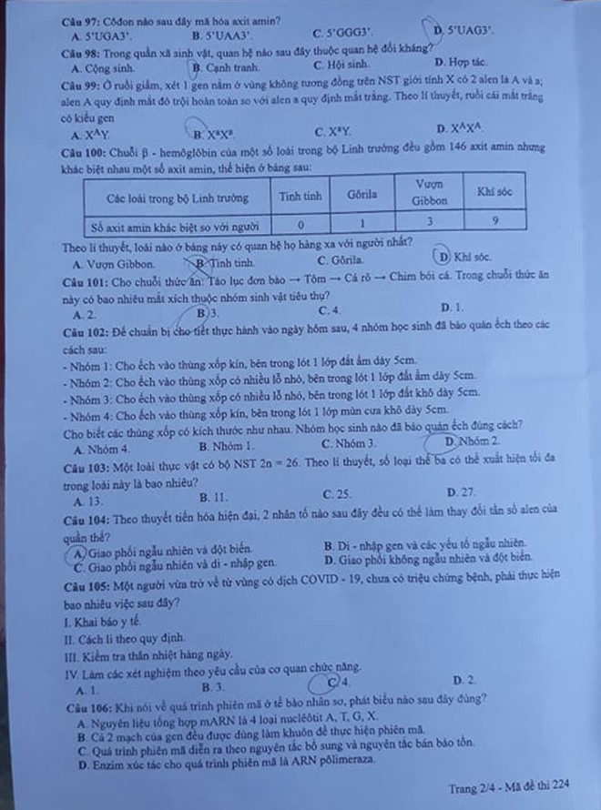 Đề thi và Đáp án môn Sinh Học thi tốt nghiệp đợt 2 năm 2020 - Ảnh 6