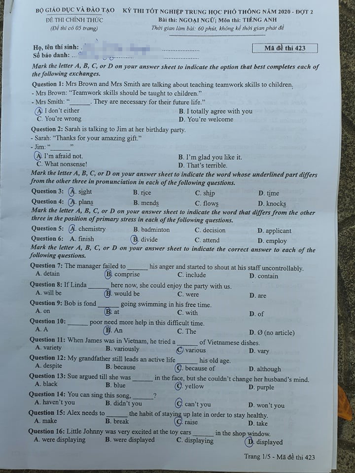 Đề thi và Đáp án môn Tiếng Anh thi tốt nghiệp đợt 2 năm 2020 - Ảnh 1