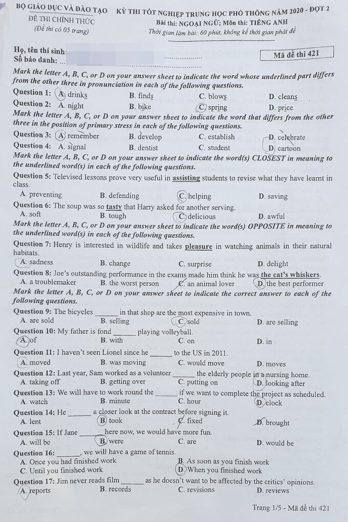 Đề thi và Đáp án môn Tiếng Anh thi tốt nghiệp đợt 2 năm 2020 - Ảnh 6