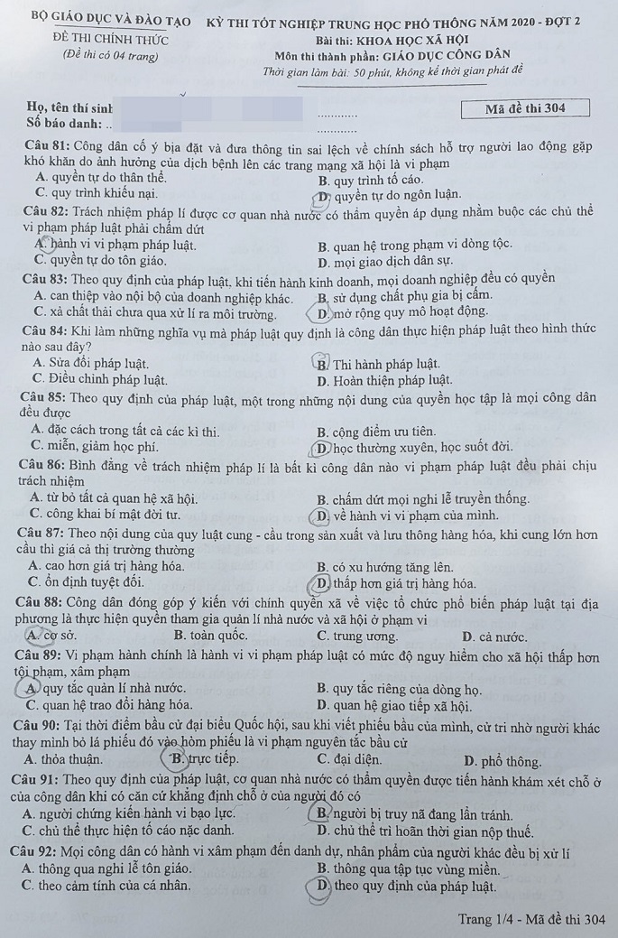 Đề thi và Đáp án môn GDCD thi tốt nghiệp đợt 2 năm 2020 - Ảnh 1