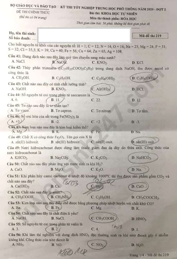 Đề thi và đáp án môn Hoá Học thi tốt nghiệp THPT đợt 2 - Ảnh 1