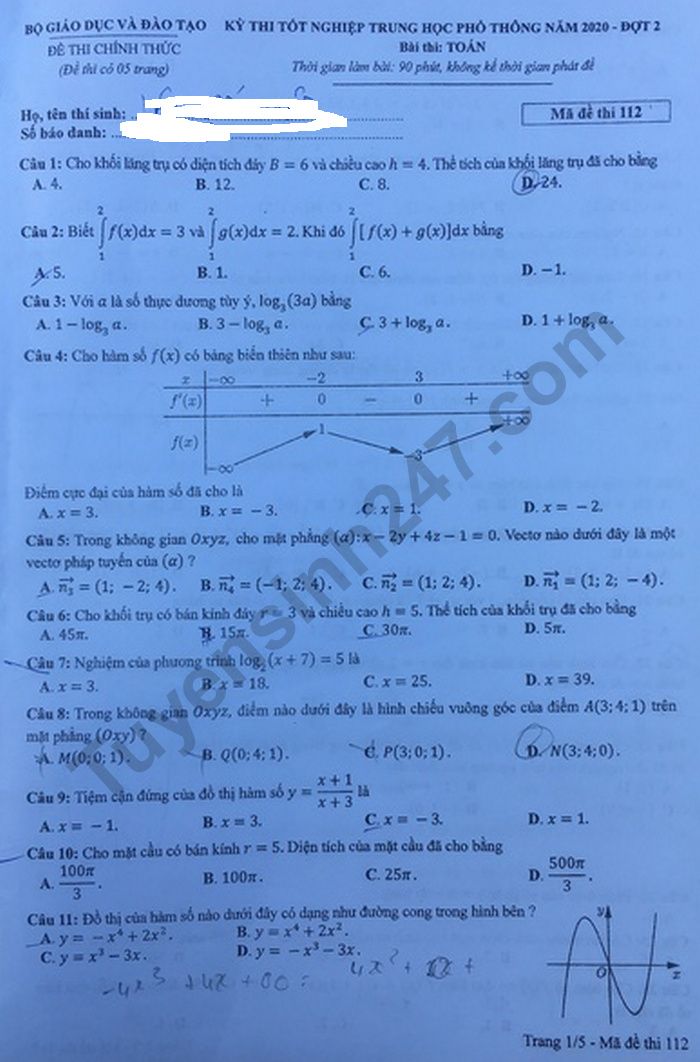 Đề thi & Đáp án môn Toán thi tốt nghiệp đợt 2 năm 2020 - Ảnh 6