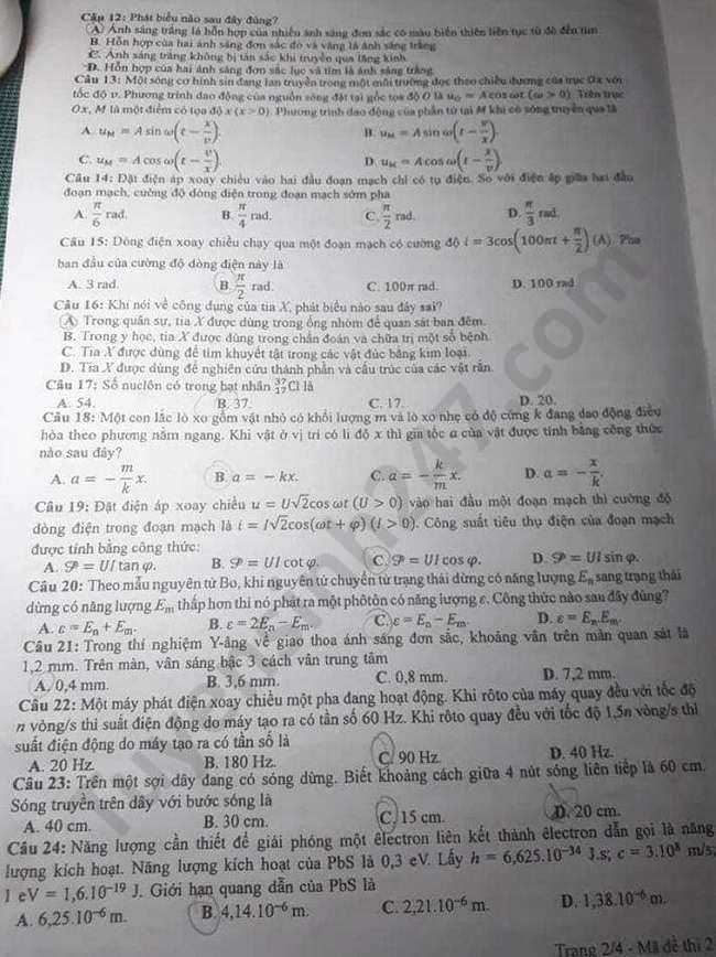 Đề thi và đáp án môn Vật Lý thi tốt nghiệp THPT đợt 2 - Ảnh 2