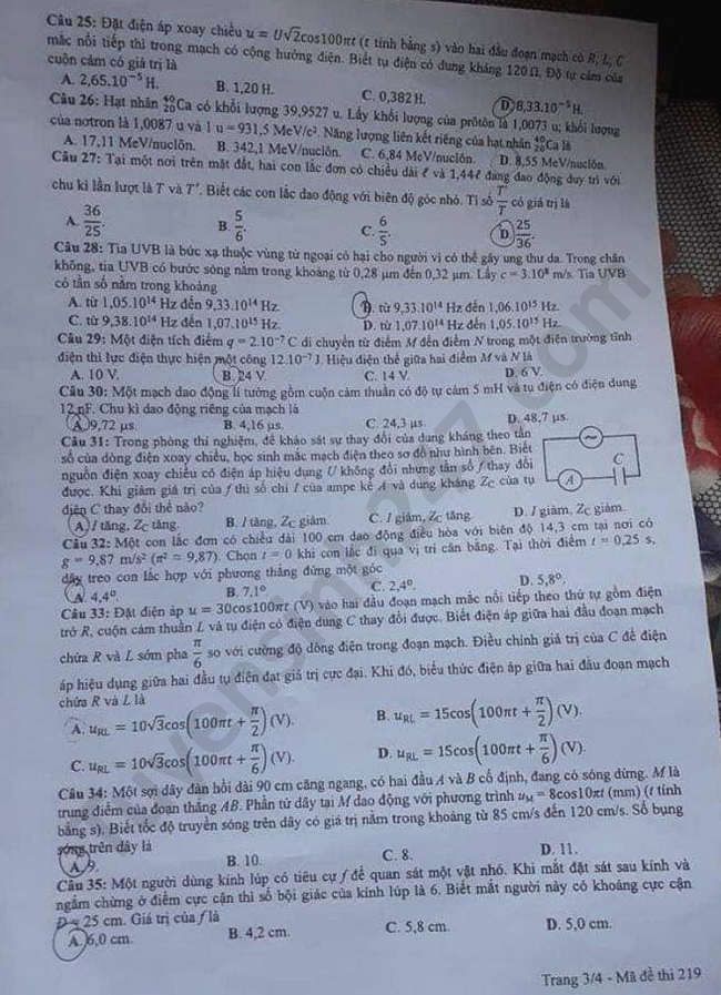 Đề thi và đáp án môn Vật Lý thi tốt nghiệp THPT đợt 2 - Ảnh 3