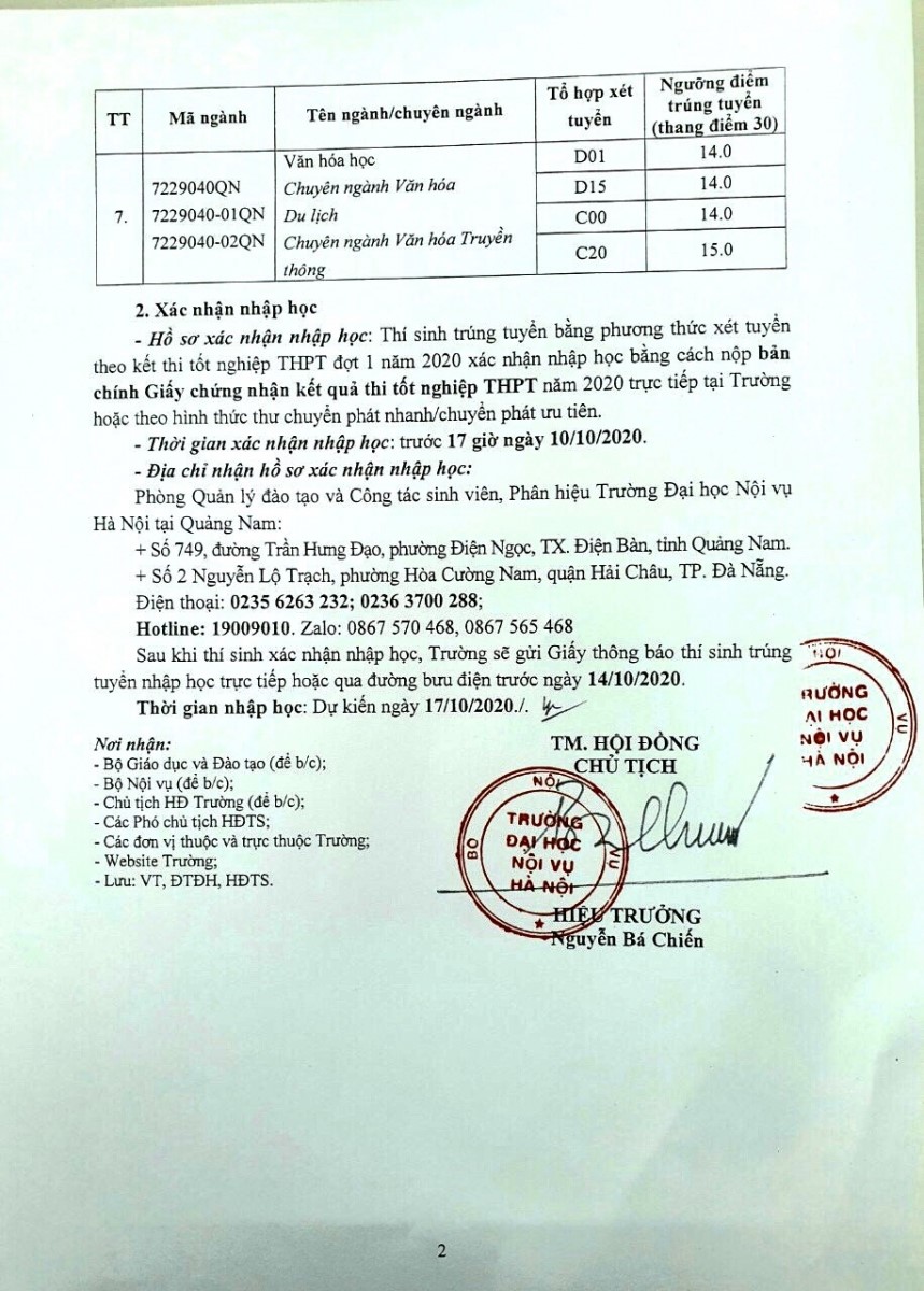 Điểm chuẩn ĐH Nội vụ Hà Nội phân hiệu Quảng Nam và phân hiệu TP.HCM 2020 - Ảnh 2