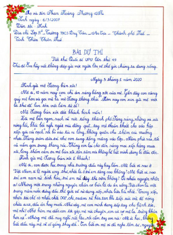 nội dung bức thư đạt giải ba viết thư quốc tế upu