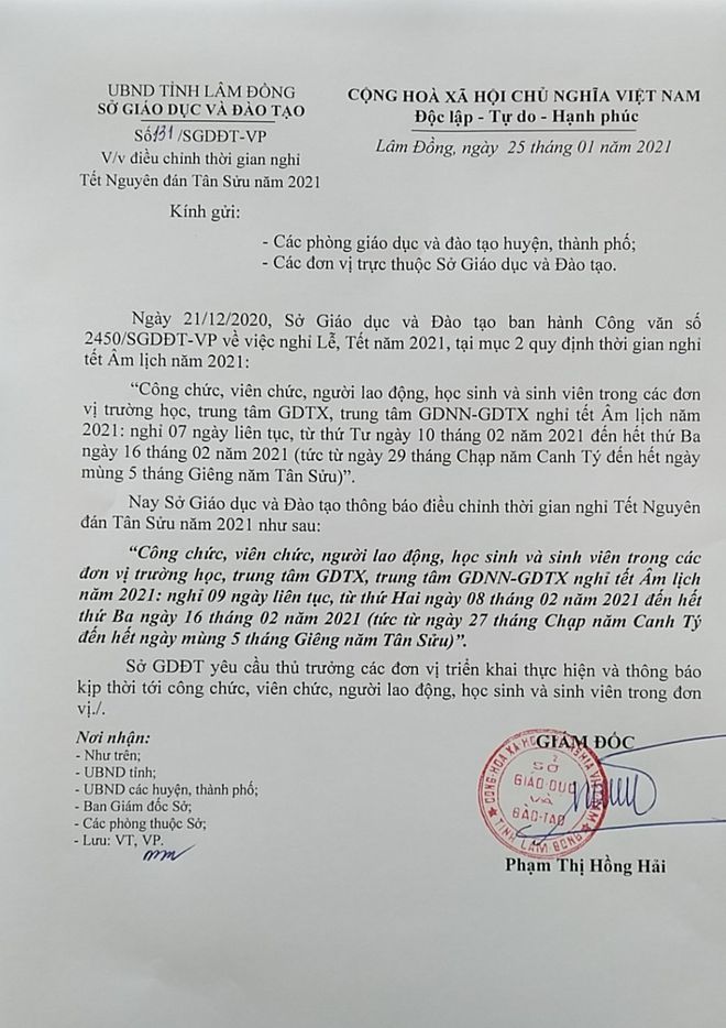 công văn nghỉ Tết Lâm Đồng