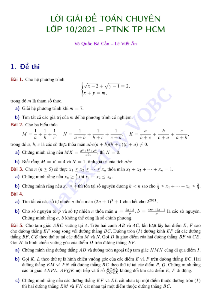 Tuyển sinh lớp 10 Phổ Thông Năng Khiếu: Lời giải chi tiết bài thi Toán chuyên - Ảnh 1