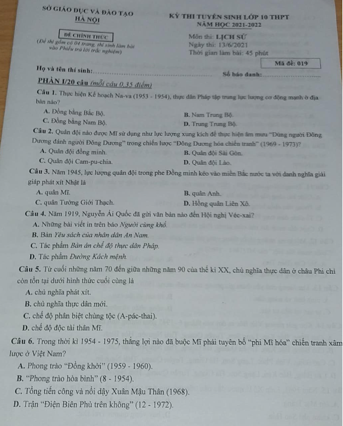 Đáp án đề thi môn Sử tuyển sinh lớp 10 ở Hà Nội năm 2021 - Ảnh 2