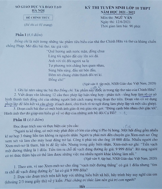 Tuyển sinh lớp 10 ở Hà Nội: Gợi ý đáp án đề thi Ngữ Văn - Ảnh 1