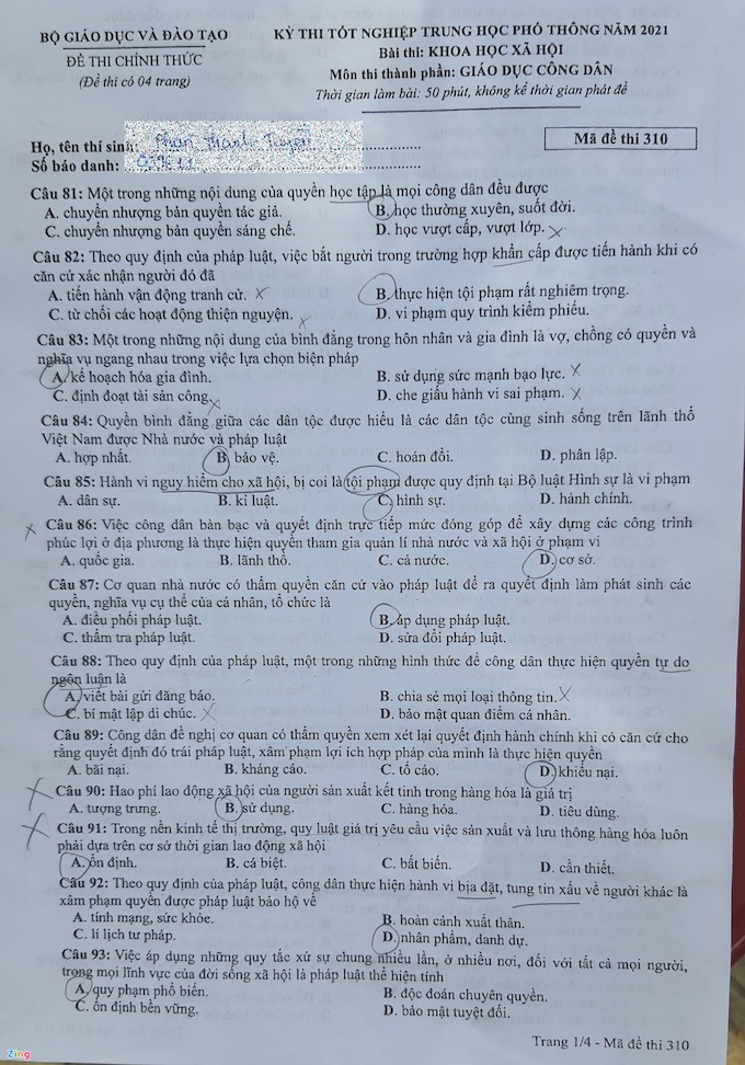 Đề thi & Đáp án môn Giáo dục Công dân tốt nghiệp THPT quốc gia 2021 - Ảnh 1
