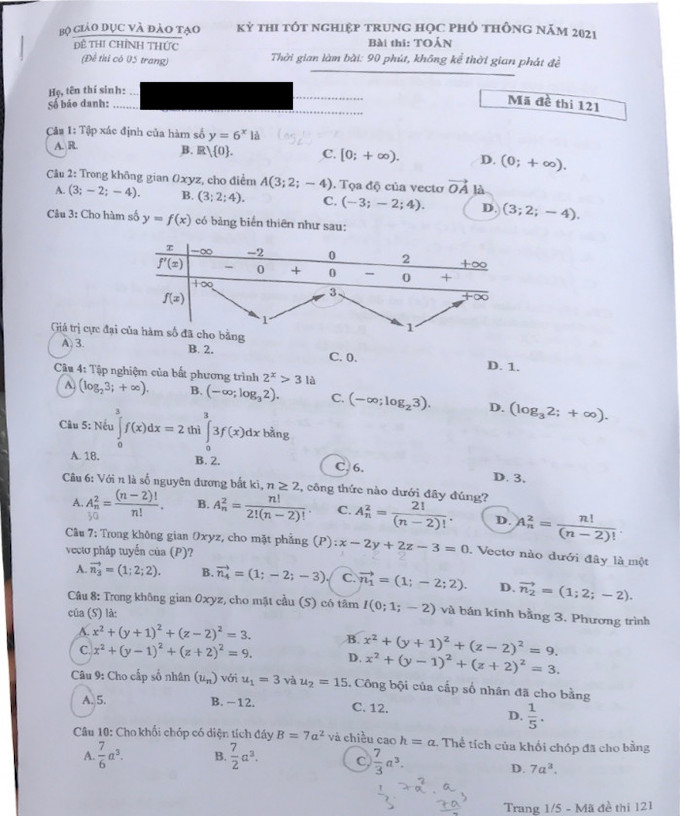 Đề thi & Đáp án môn Toán tốt nghiệp THPT quốc gia 2021 - Ảnh 11