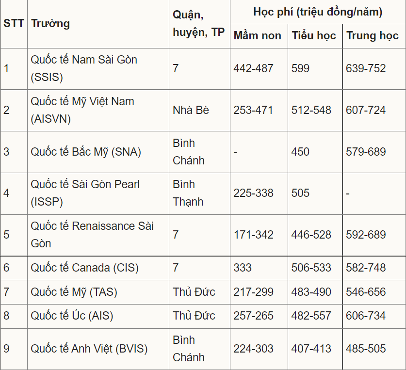 Học phí trường quốc tế ở khu vực TPHCM cao nhất hơn 750 triệu đồng - Ảnh 1