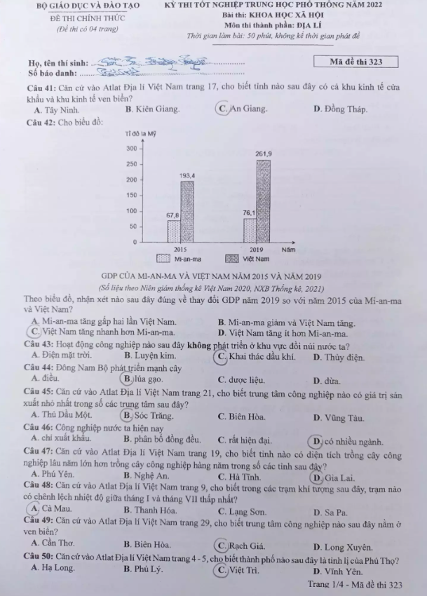 Đề môn Địa lý thi tốt nghiệp THPT 2022