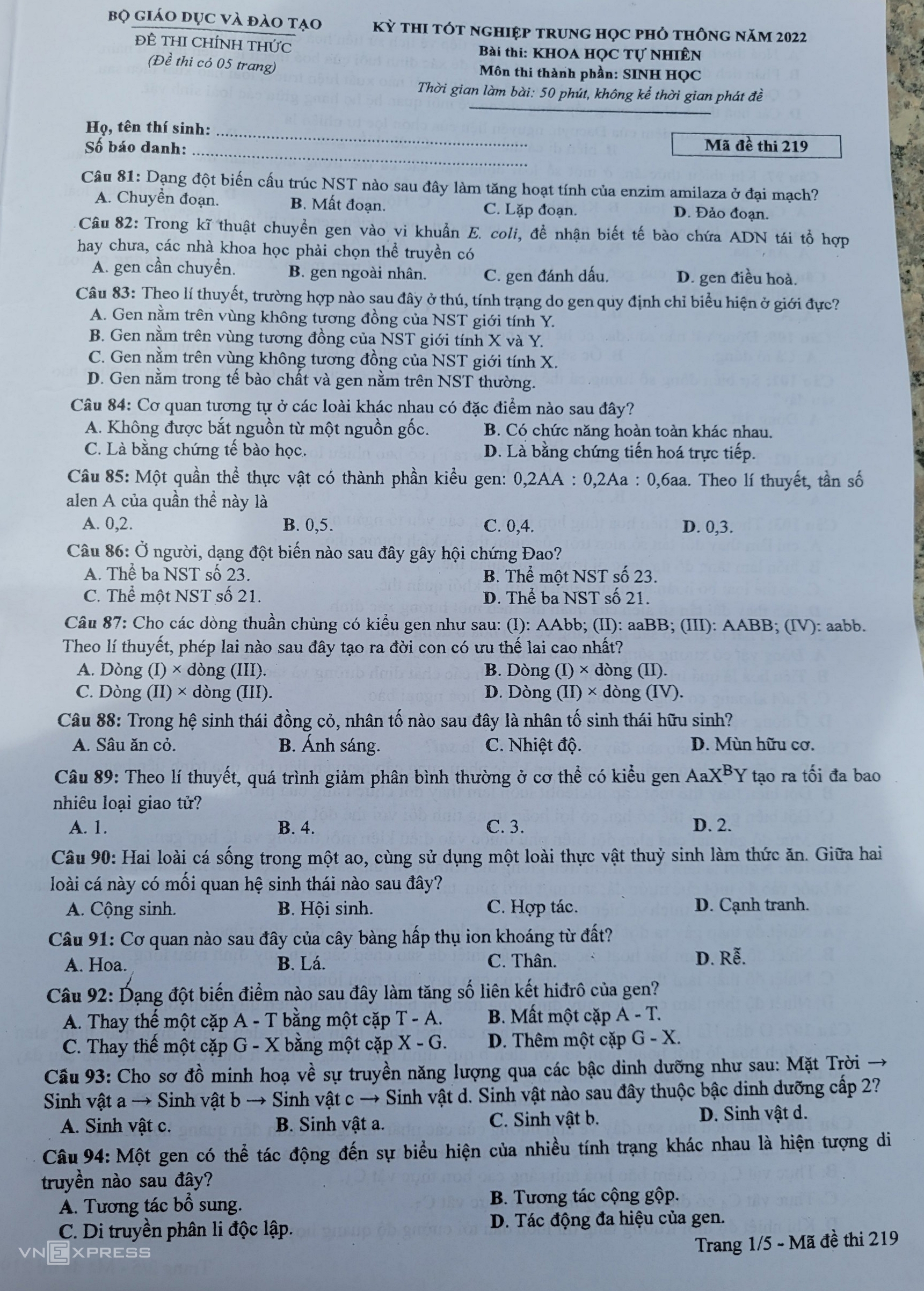 Đề và gợi ý đáp án mã đề 219 môn Sinh - Ảnh 1