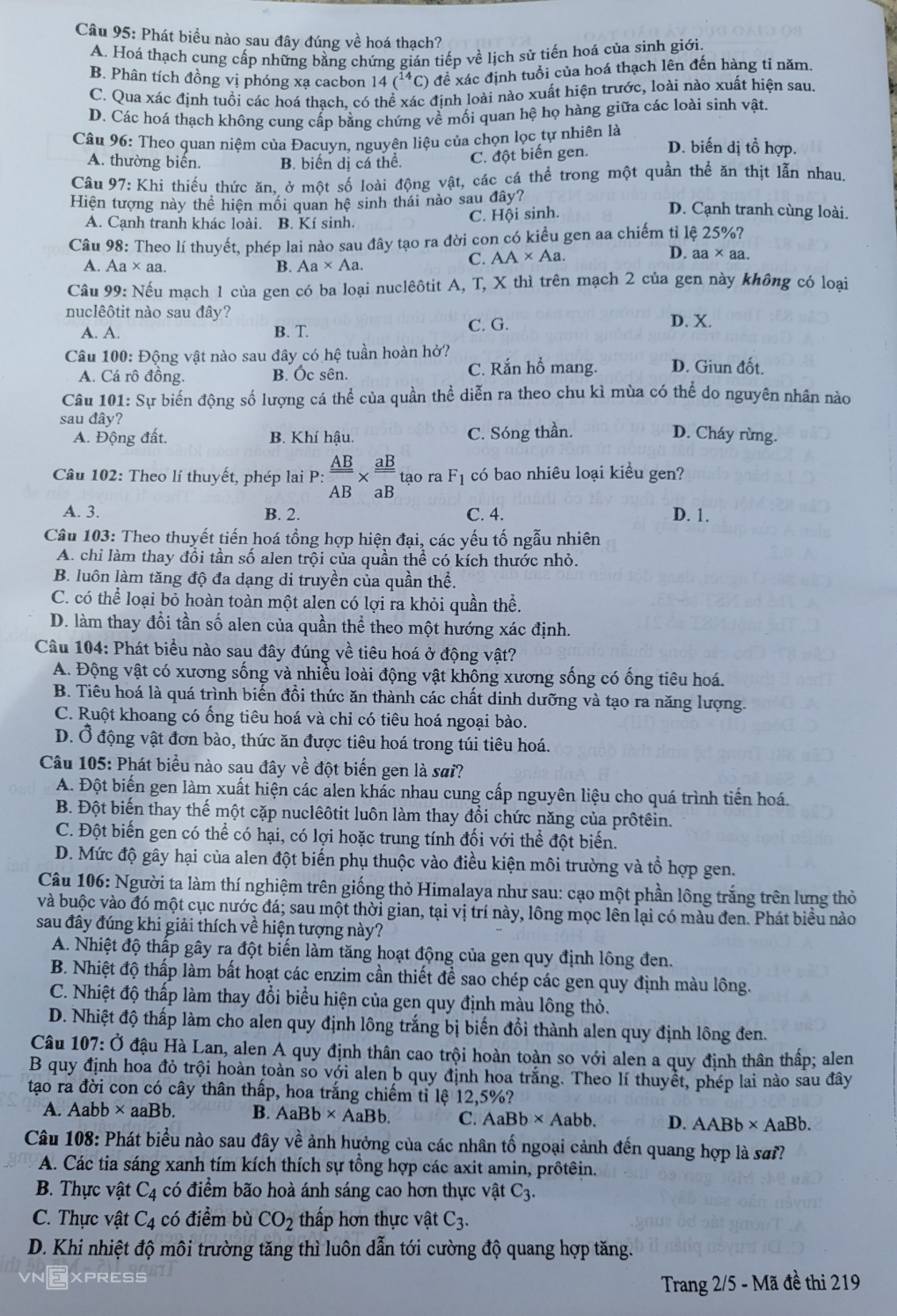 Đề và gợi ý đáp án mã đề 219 môn Sinh - Ảnh 2
