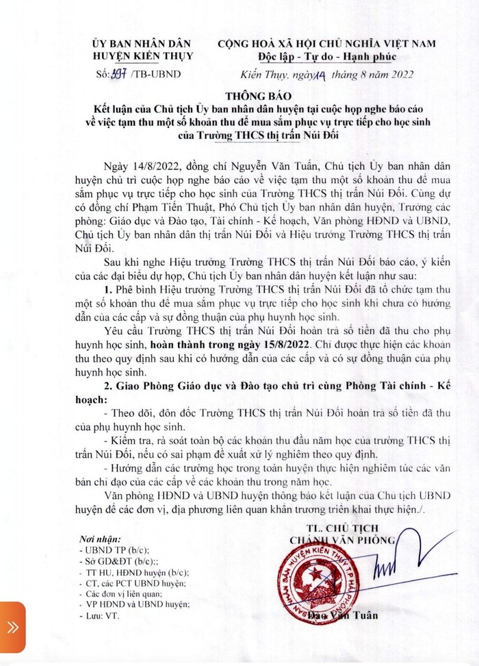 Phê bình Hiệu trưởng THCS thị trấn Núi Đối, hoàn trả 2 triệu cho phụ huynh - Ảnh 1