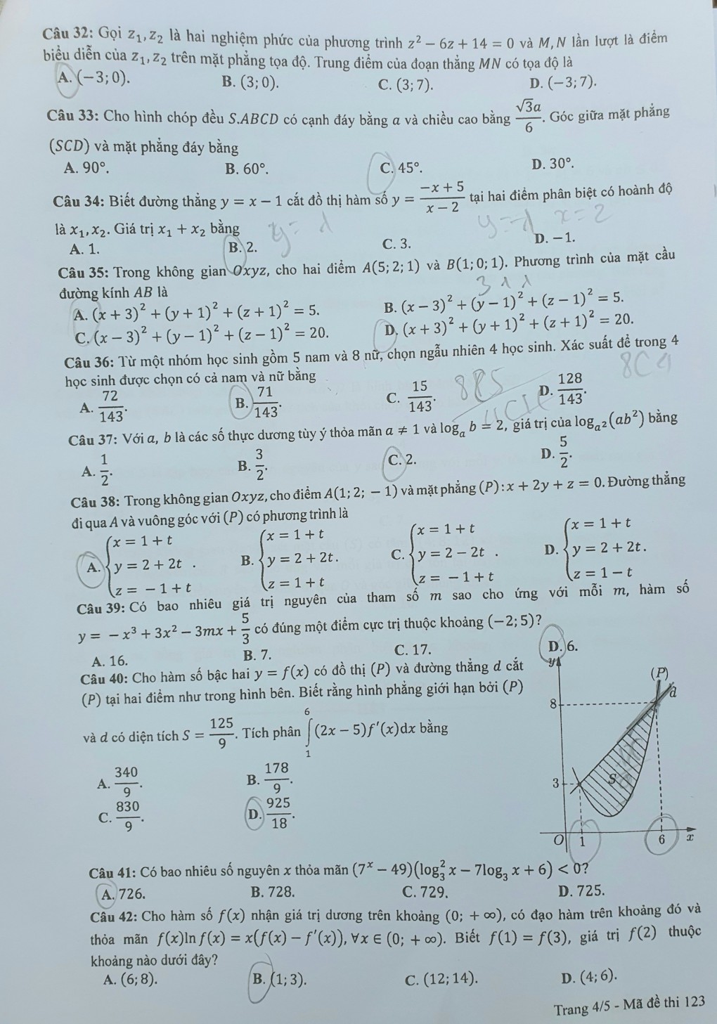 Đề thi môn Toán Tốt nghiệp THPT 2023, Mã đề thi 123 Đề thi môn Toán Tốt nghiệp THPT 2023, Mã đề thi 123