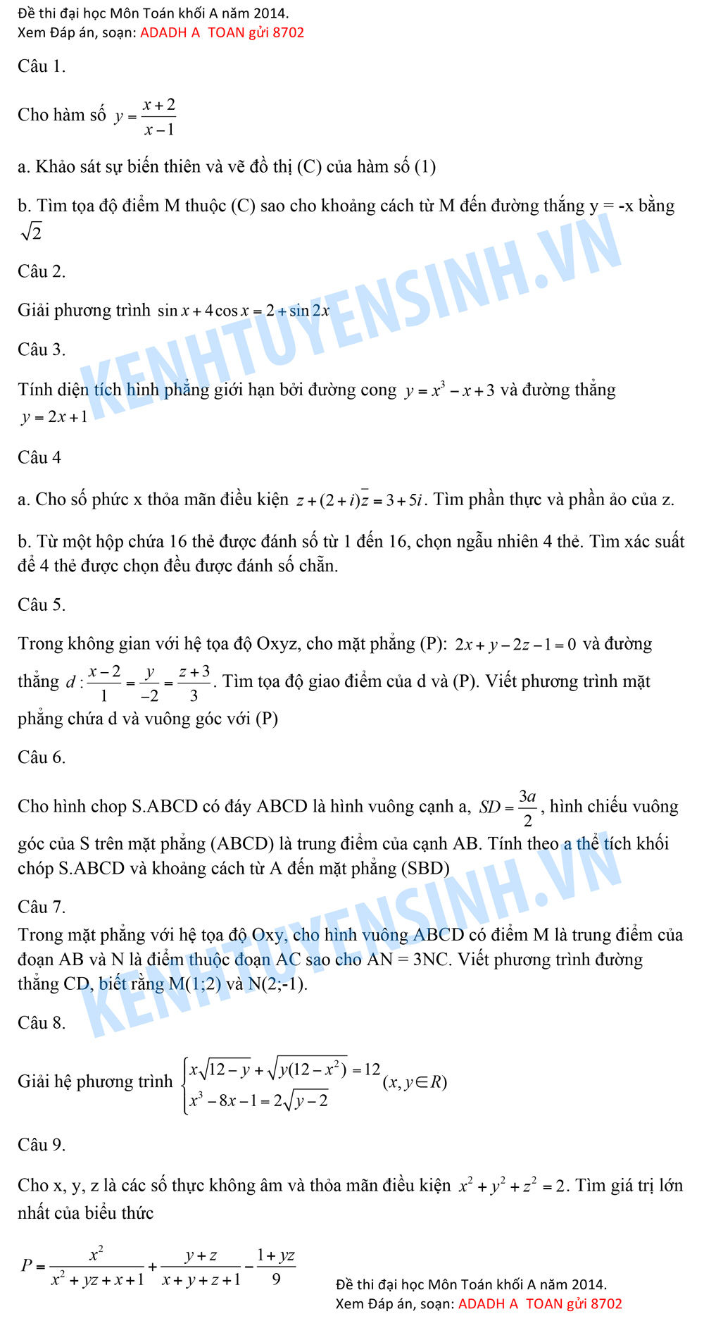 đề thi đại học môn toán khối a năm 2014 đề thi đại học môn toán khối a năm 2014