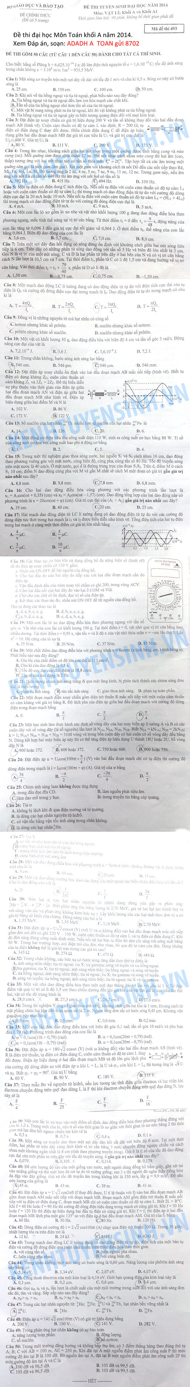 Đề thi đại học môn Vật Lý khối A, A1 năm 2018 - Ảnh 1